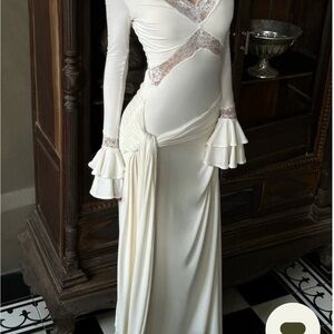 Meshki Elegant Cream Lace-Trimmed Women's Dress Large